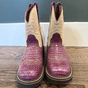 Ariat Shoes Fatbaby Purple Crocodile Bone Leather Mid Calf Cowgirl Boots EUC